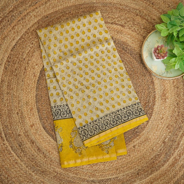 Sunshine Orchids - Yellow & Ivory - Chanderi Silk Cotton Saree