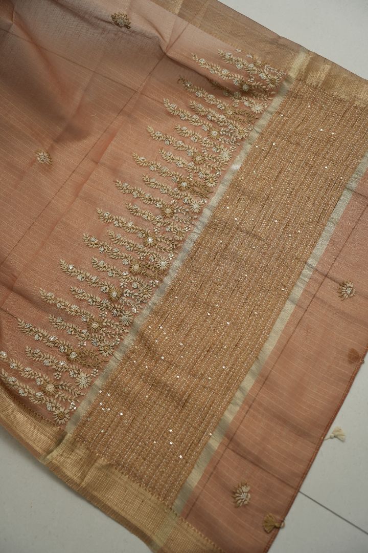 Wood Rose - Golden Brown - Tissue Linen Saree