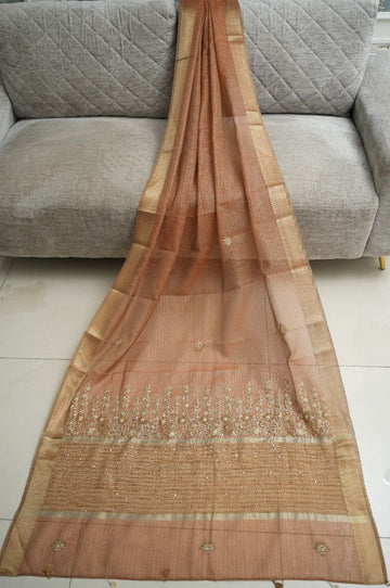 Wood Rose - Golden Brown - Tissue Linen Saree