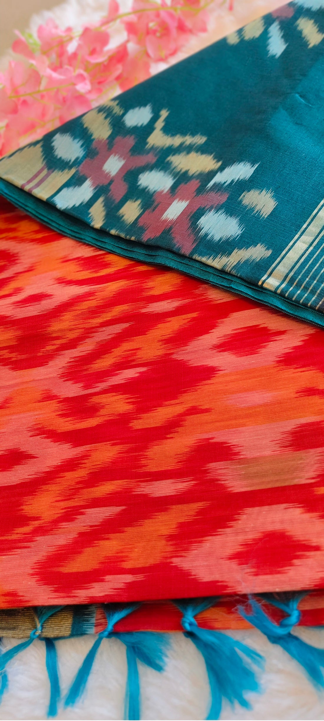 Saffron Ember - Red & Teal - Pochampally Sico Silk Saree