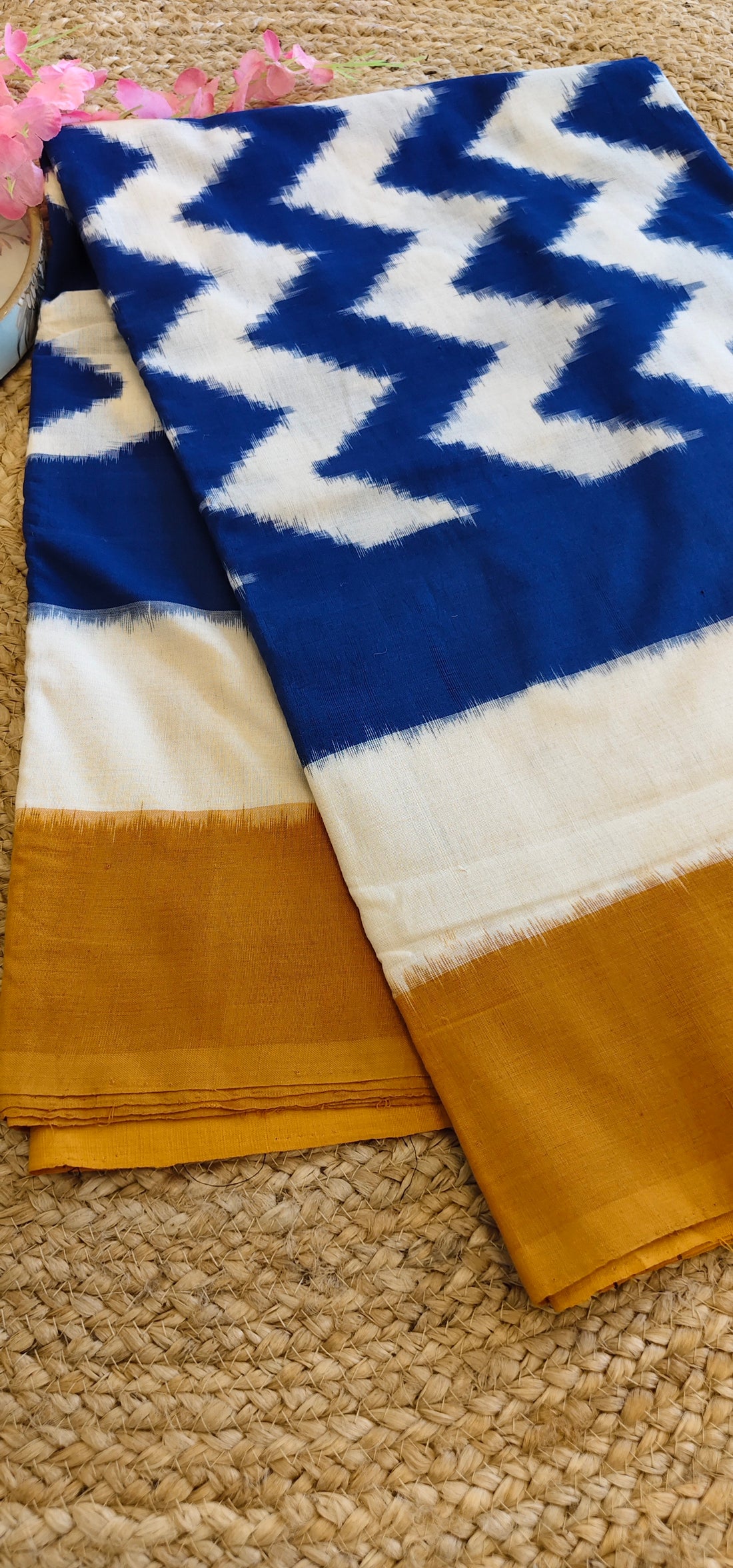 Zigzag Elegance - White, Blue & Mustard Yellow - Double Ikat Cotton Saree