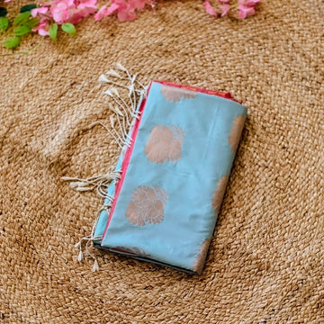 Aqua Bloom- Blue & pink- Semi Soft Silk