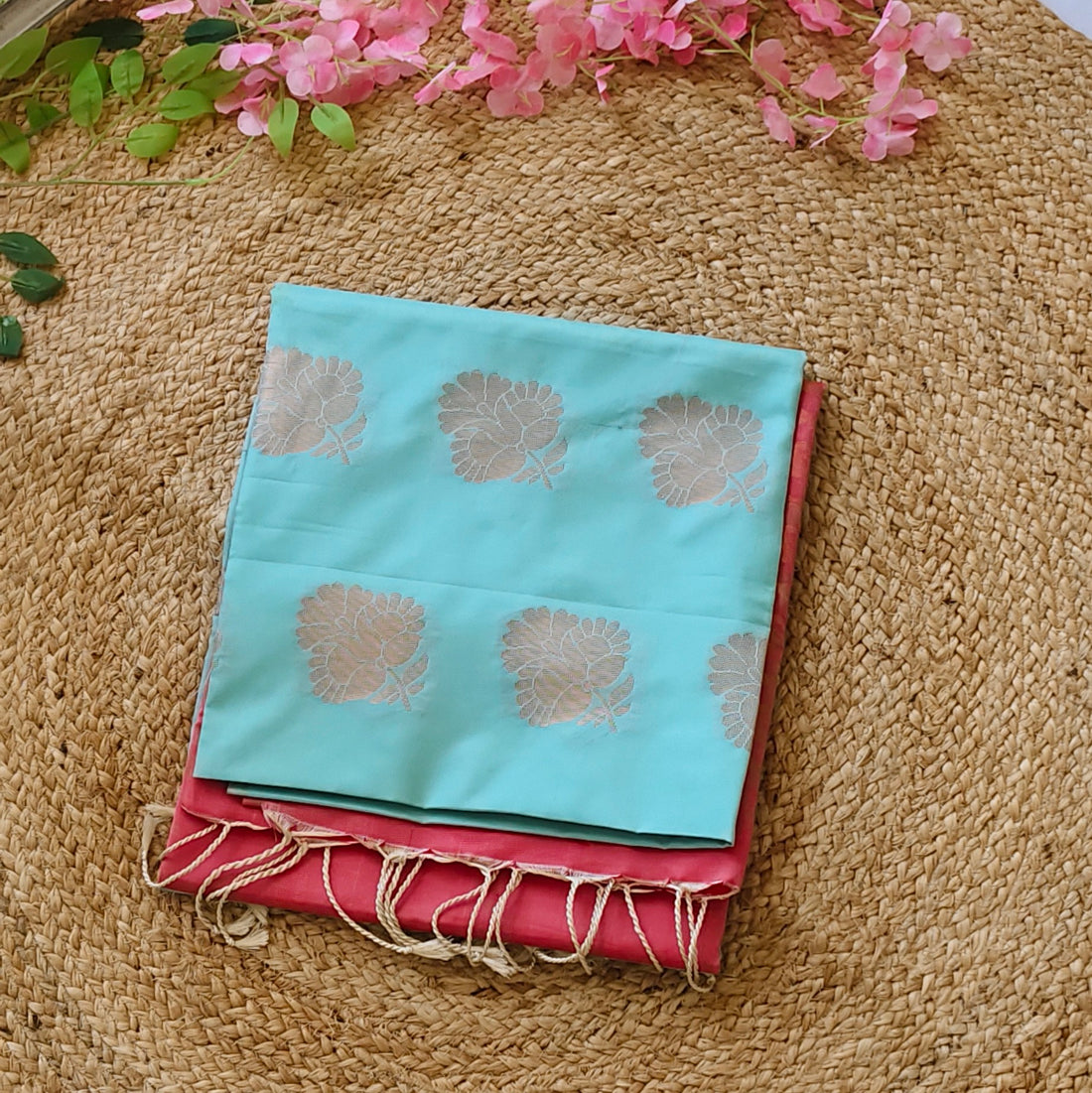 Aqua Bloom- Blue & Pink- Semi Soft Silk