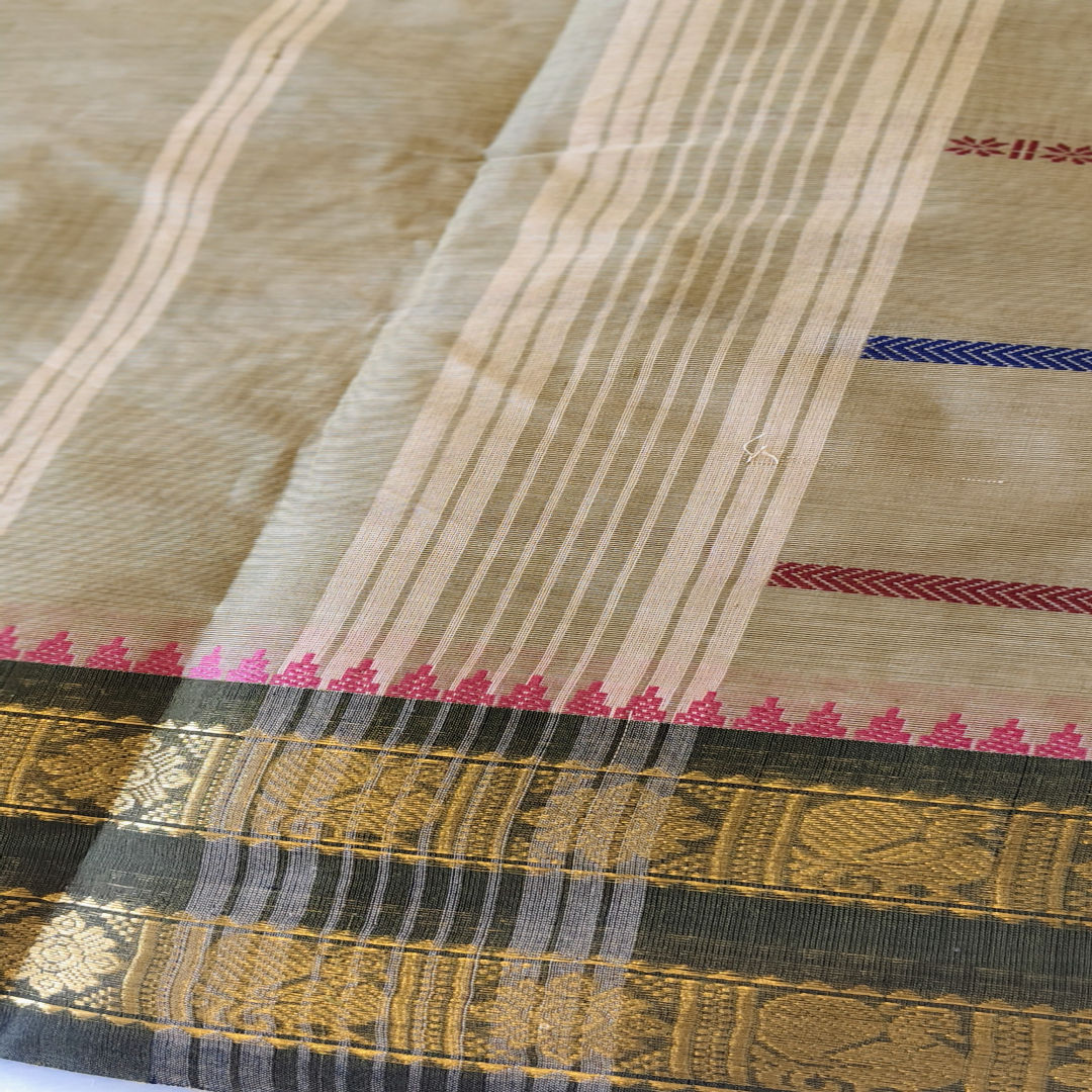 Sandstone Grace - Grey & Dark Green - Kanchi Cotton Saree