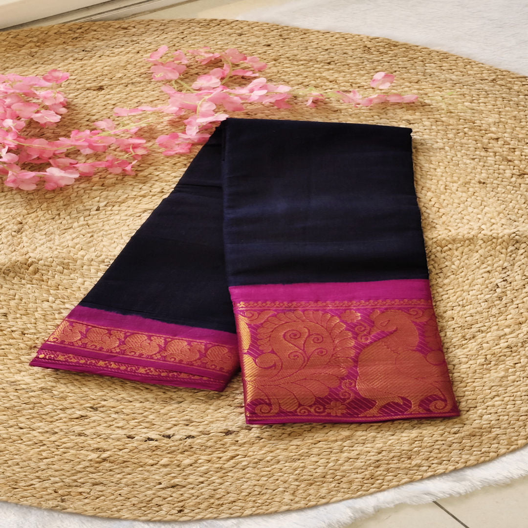 Midnight Bloom - Navy Blue & Magenta - Kanchi Cotton Saree
