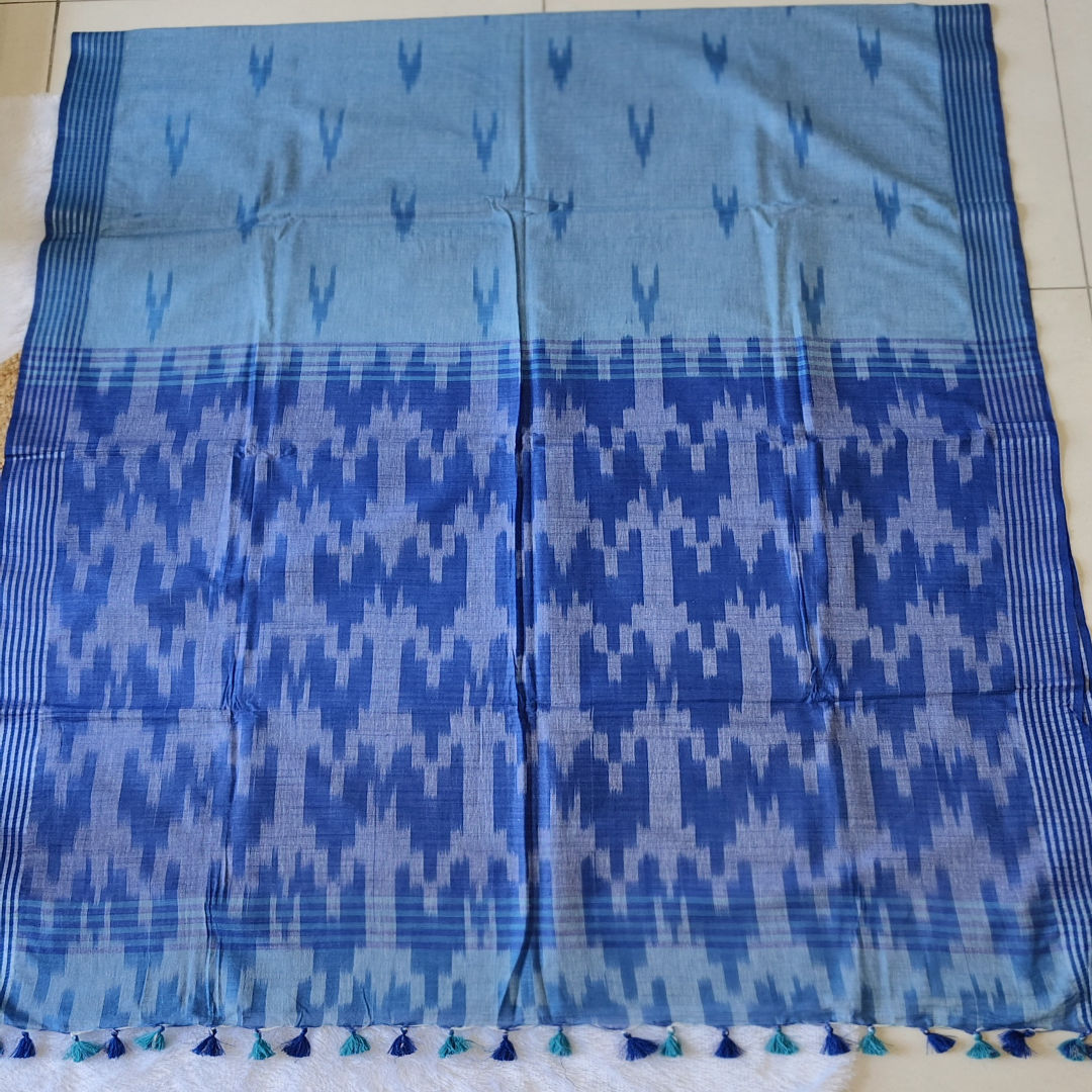 Indigo Breeze - Light & Dark Blue - Pochampally Linen Cotton Saree