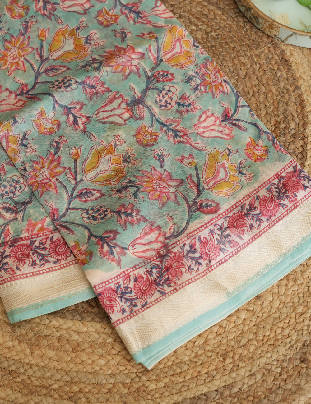 Ocean Blossom - Sky Blue with Pink Flowers - Maheshwari Silk Cotton Saree