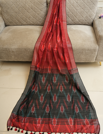 Crimson Night - Maroon & Black - Pochampally Linen Cotton Saree