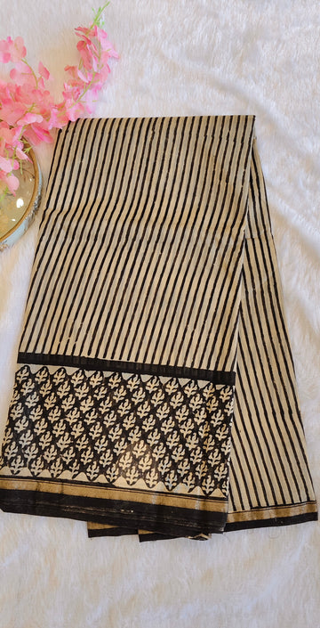 Sienna Stripes - Beige & Black - Chanderi Silk Cotton Saree