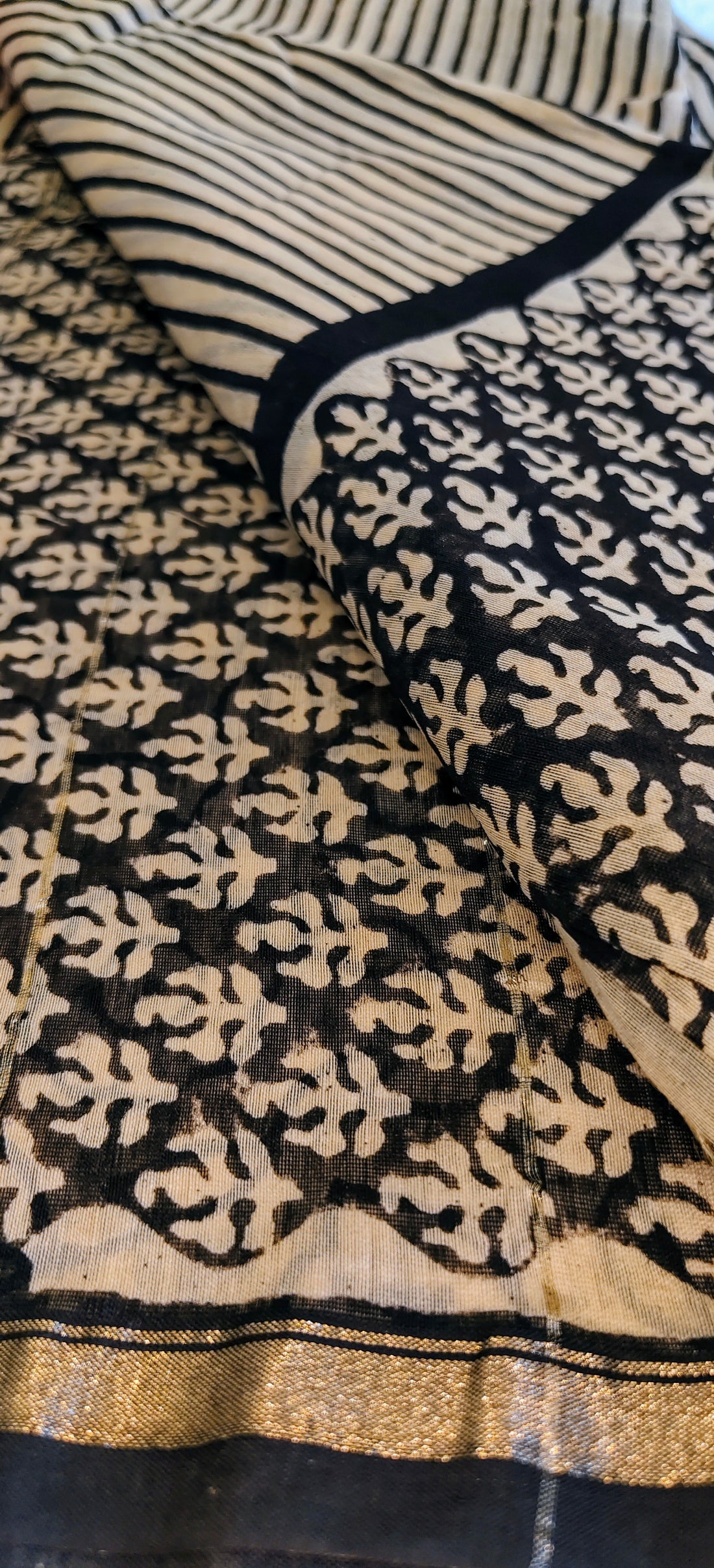 Sienna Stripes - Beige & Black - Chanderi Silk Cotton Saree