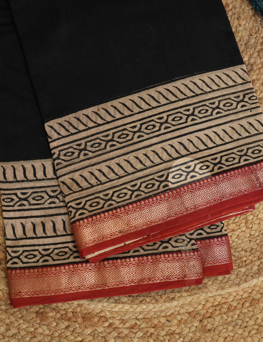 Midnight Maze - Black & Red - Maheshwari Silk Cotton Saree