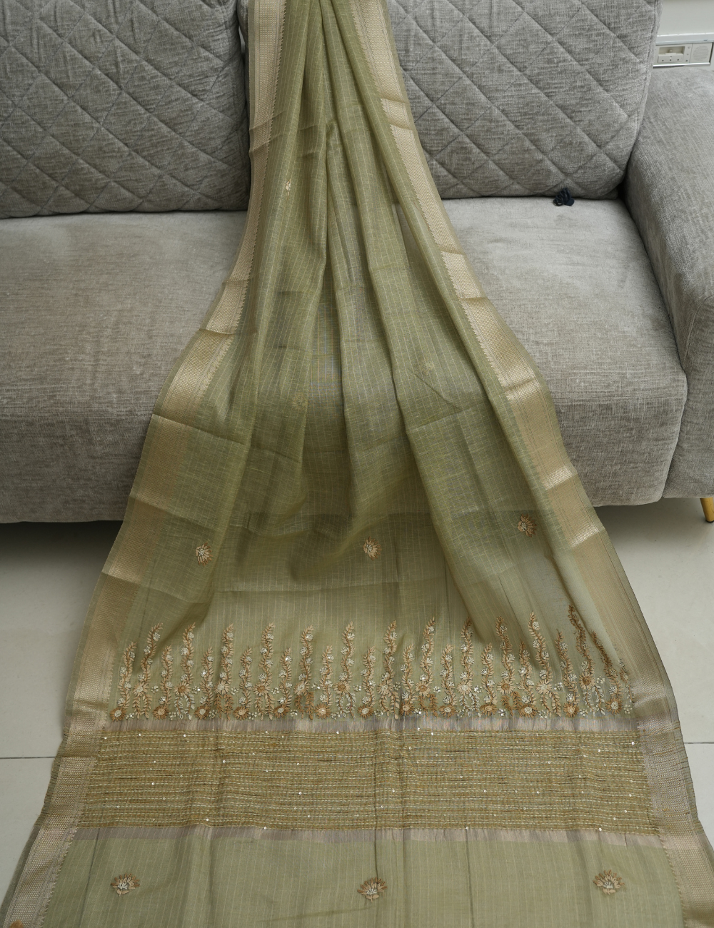 Moss Dew - Sage Green - Tissue Linen Saree