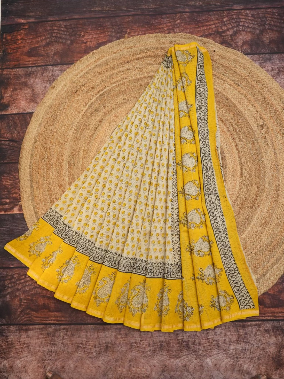 Sunshine Orchids - Yellow & Ivory - Chanderi Silk Cotton Saree
