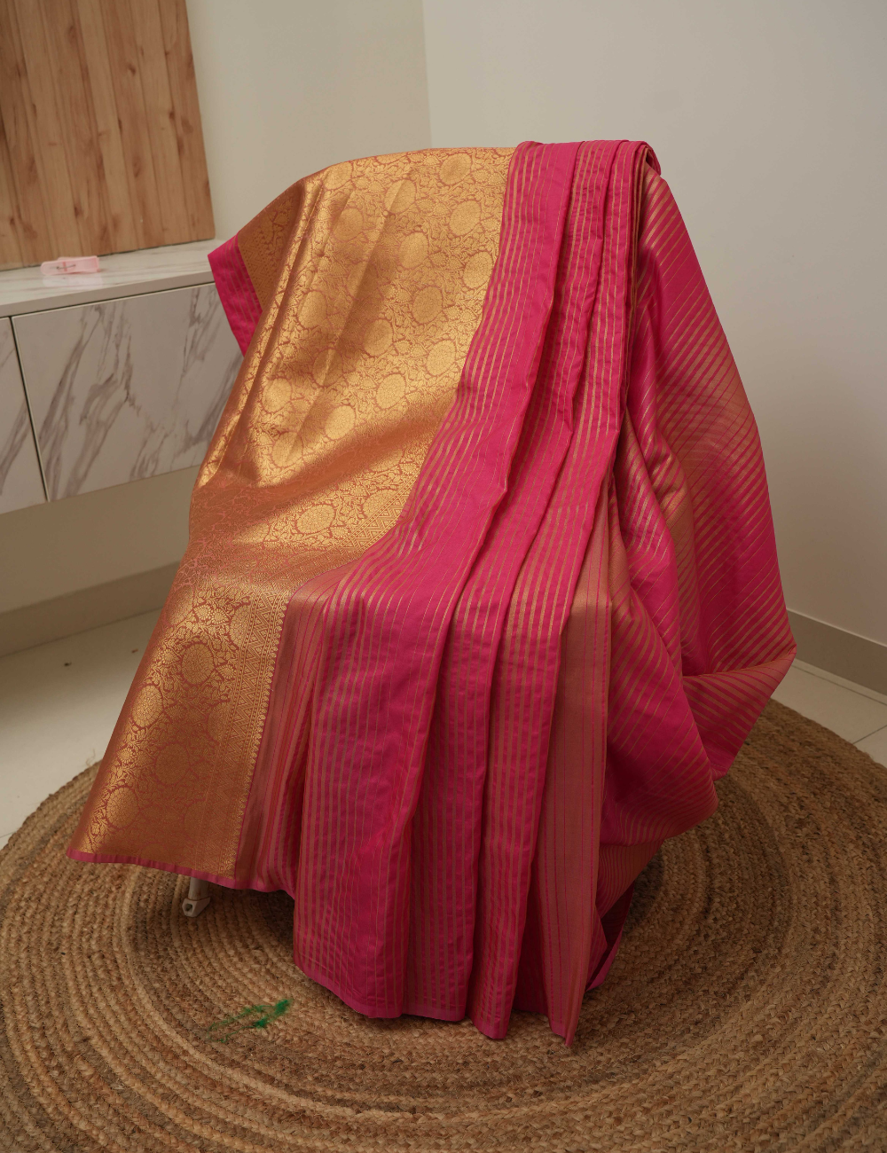 Pink Aura - Pink & Gold Stripe - Fancy Saree
