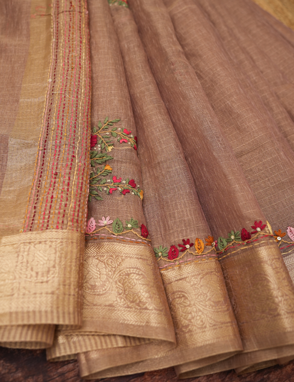 Quicksand Roses - Light Brown Tissue Linen Saree