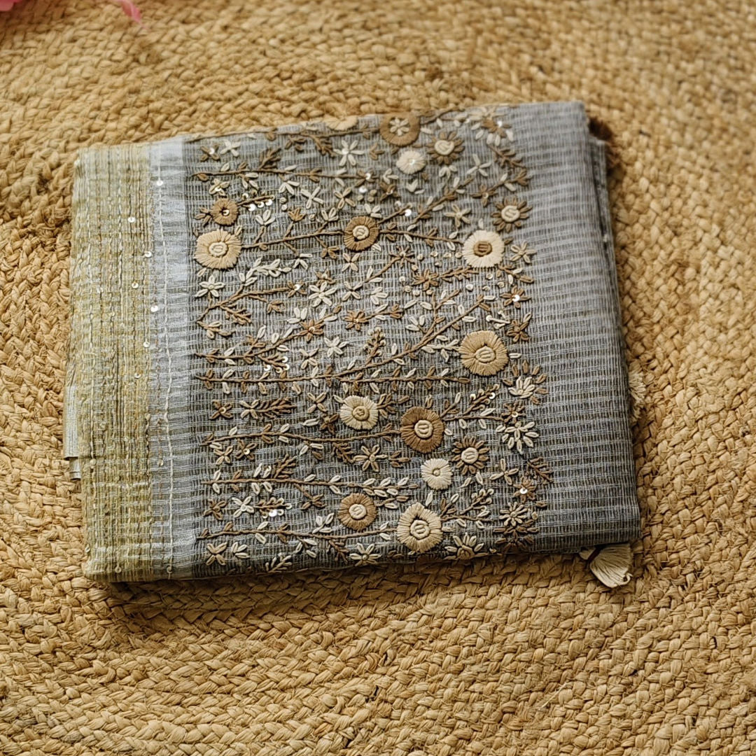 Meghira - Grey - Linen Kota Saree