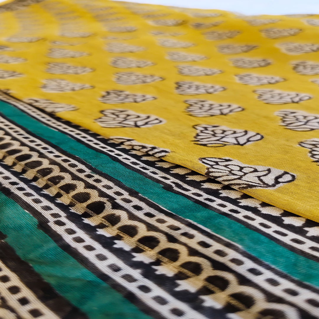 Sunlit Meadow - Yellow & Green - Chanderi Silk Cotton Saree