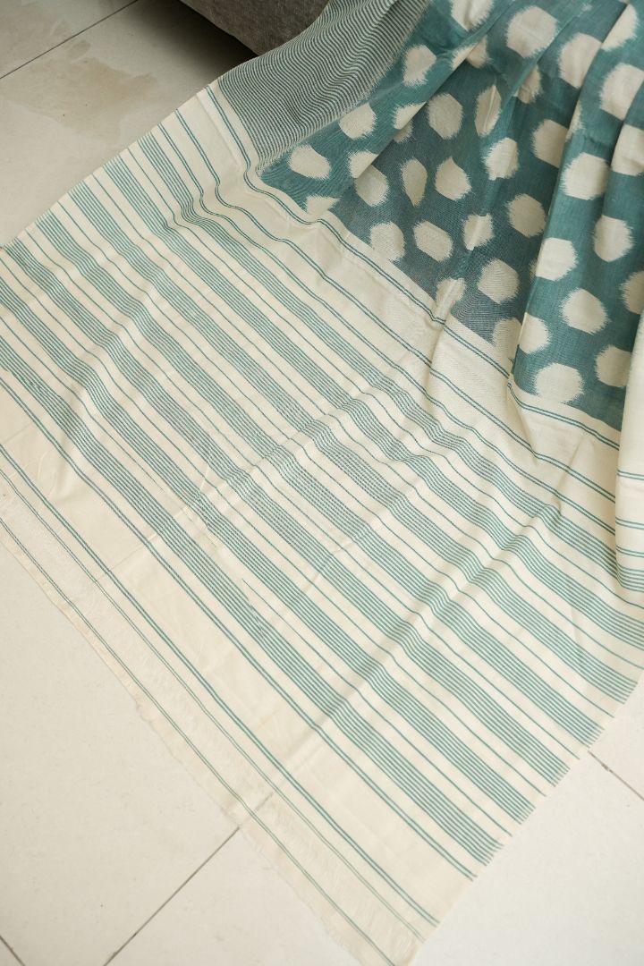 Ivy Blue - Pastel Blue & White - Double Ikat Pochampally Saree