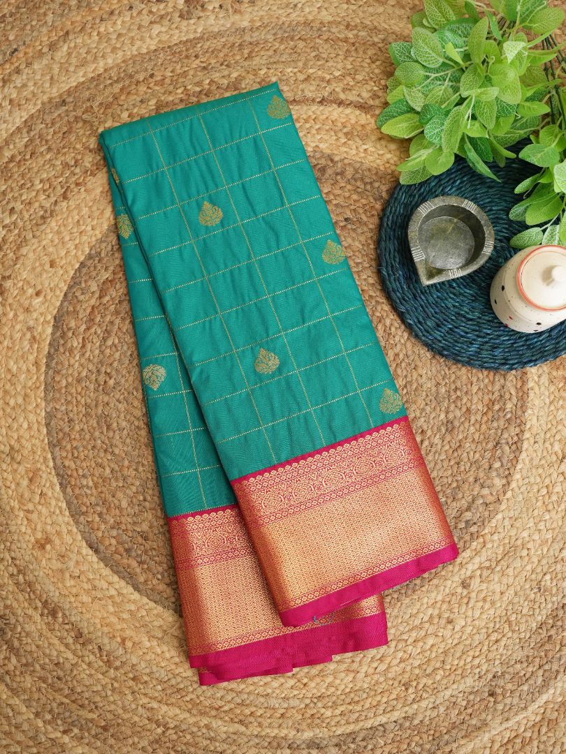 Turquoise Mousse - Teal Green & Pink - Semi-Silk saree with Kanchi border