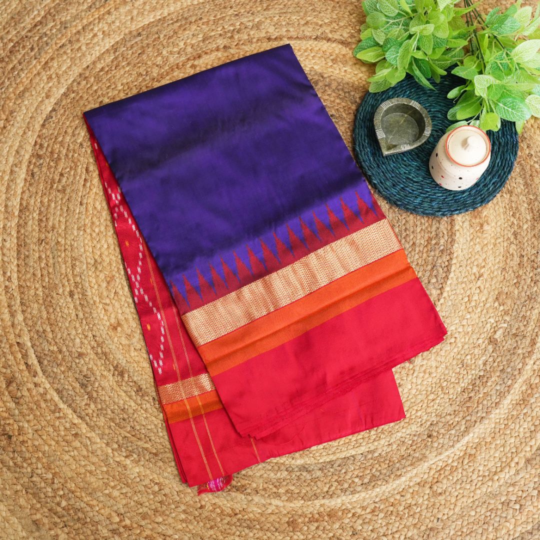Twilight Flame - Blue & Red - Pochampally Silk Saree