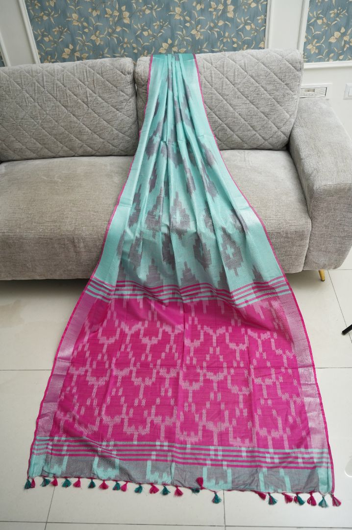 Sky n Roseate - Light Blue & Pink - Pochampally Linen Cotton Saree