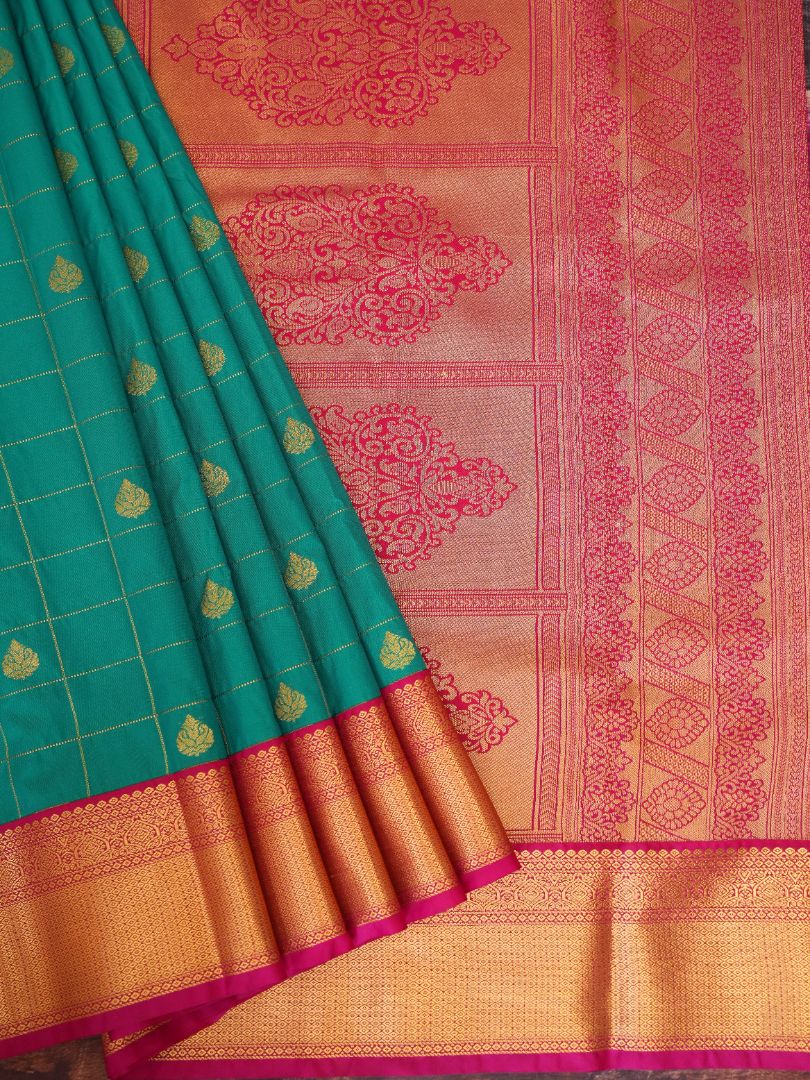 Turquoise Mousse - Teal Green & Pink - Semi-Silk saree with Kanchi border