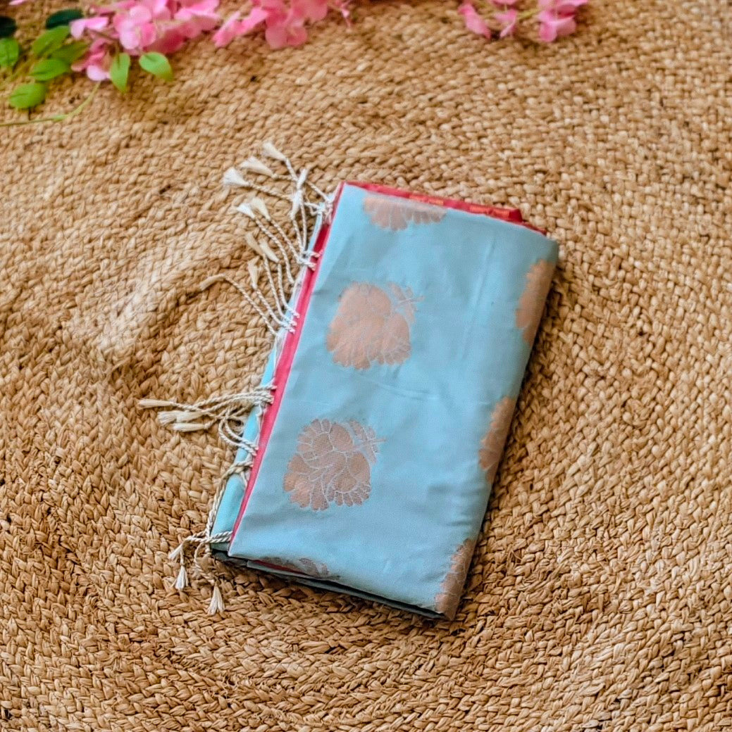 Aqua Bloom- Blue & Pink- Semi Soft Silk