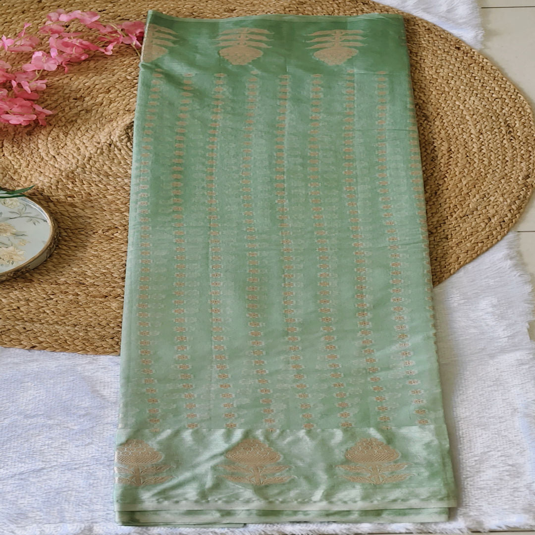 Meadow Bloom - Gradient Mint Green - Raw Mango Silk Saree