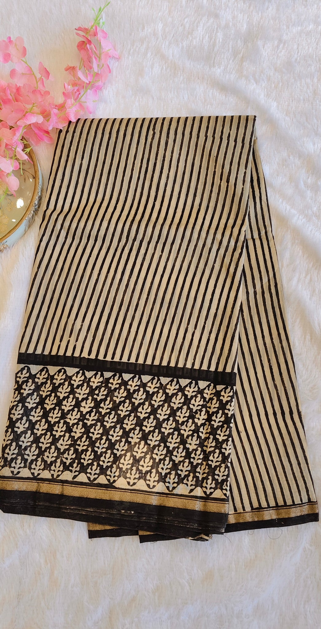 Sienna Stripes - Beige & Black - Chanderi Silk Cotton Saree