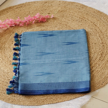 Indigo Breeze - Light & Dark Blue - Pochampally Linen Cotton Saree