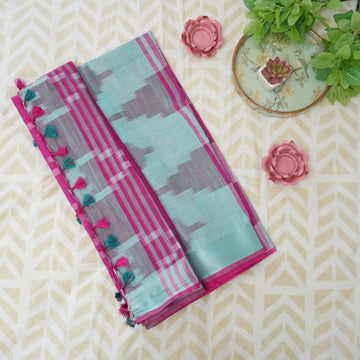 Sky n Roseate - Light Blue & Pink - Pochampally Linen Cotton Saree